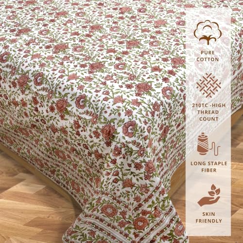 Image of TOAI Hand Block Printed Bedsheet | Bed Spread Flatsheet Bed Sheet | Pure Cotton | Queen Size 90 inchx108 inch | 210 TC Luxury Cotton | 2 Reversible Pillow Covers |Rust Flower Spread