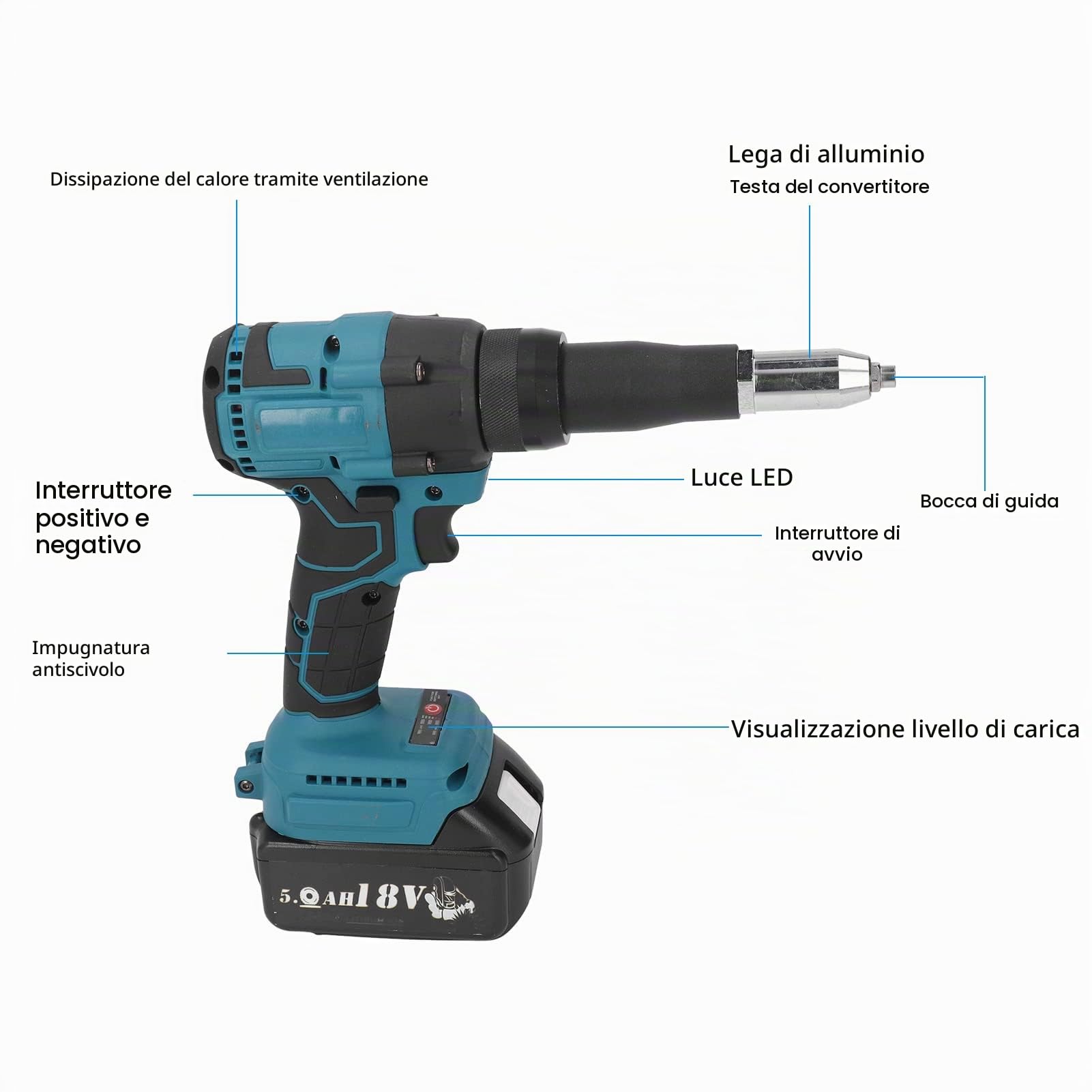 Pistola per Rivetti a Batteria 18V, Pistola per Rivetti Elettrica Senza Spazzole a LED Strumento Manuale Automatico per Rivetti a Dado per L'industria (Senza batteria)