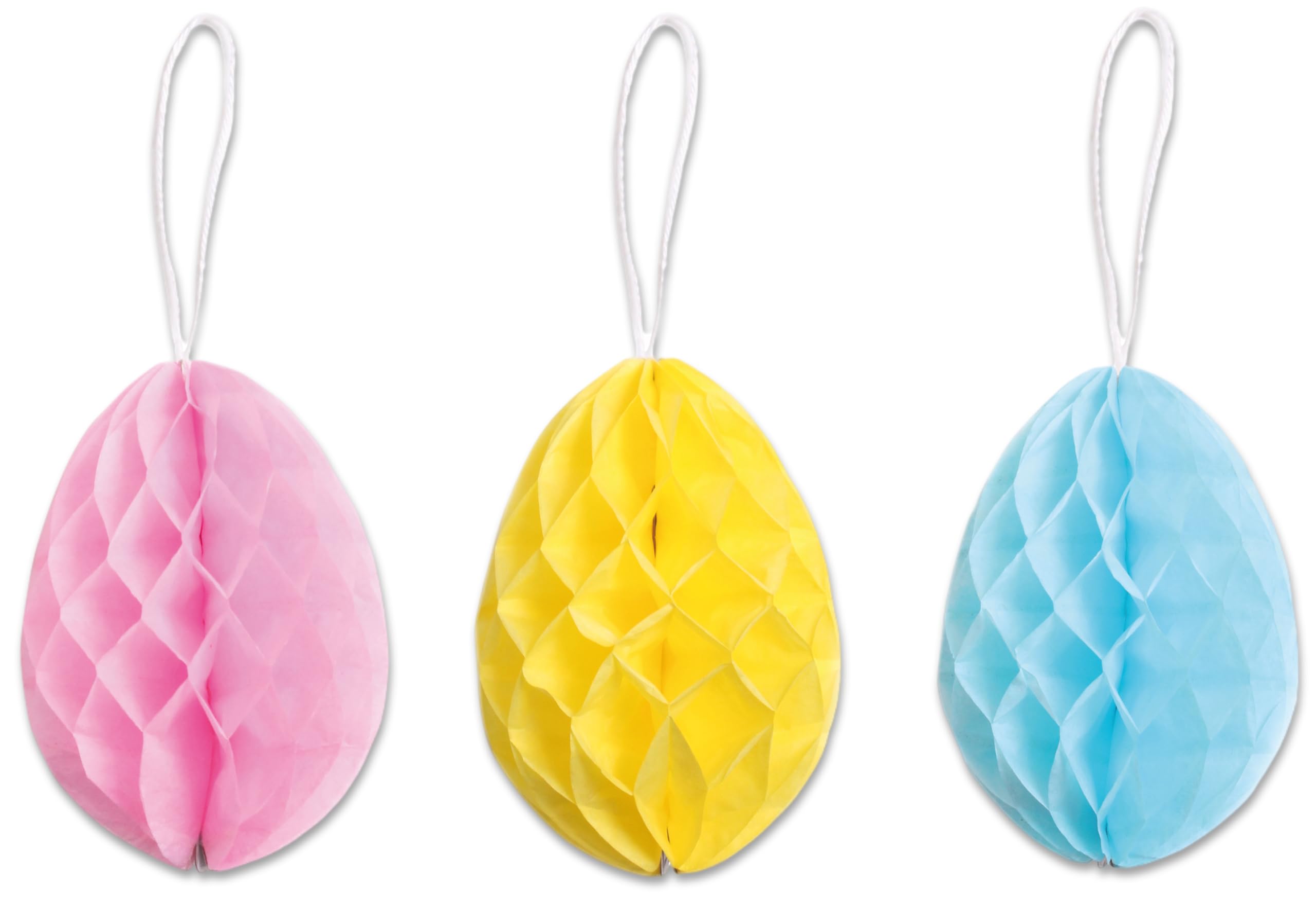 Pack of 3 Honeycomb Paper Easter Egg Pastel Hanging Decorations 10cm Eggs Blue Yellow & Pink