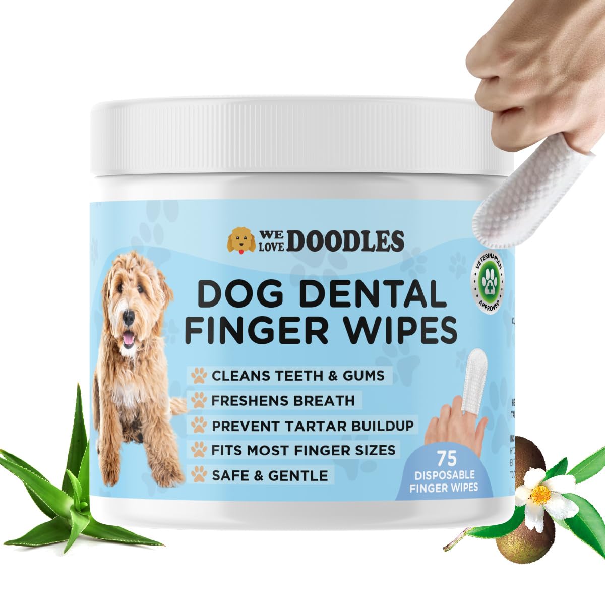 We Love Doodles Dog Teeth Cleaning Wipes - Pet Dental Finger Wipes for Dogs - Cleans Teeth and Gums, Freshens Breath Dog Dental Wipes, Prevents Tartar