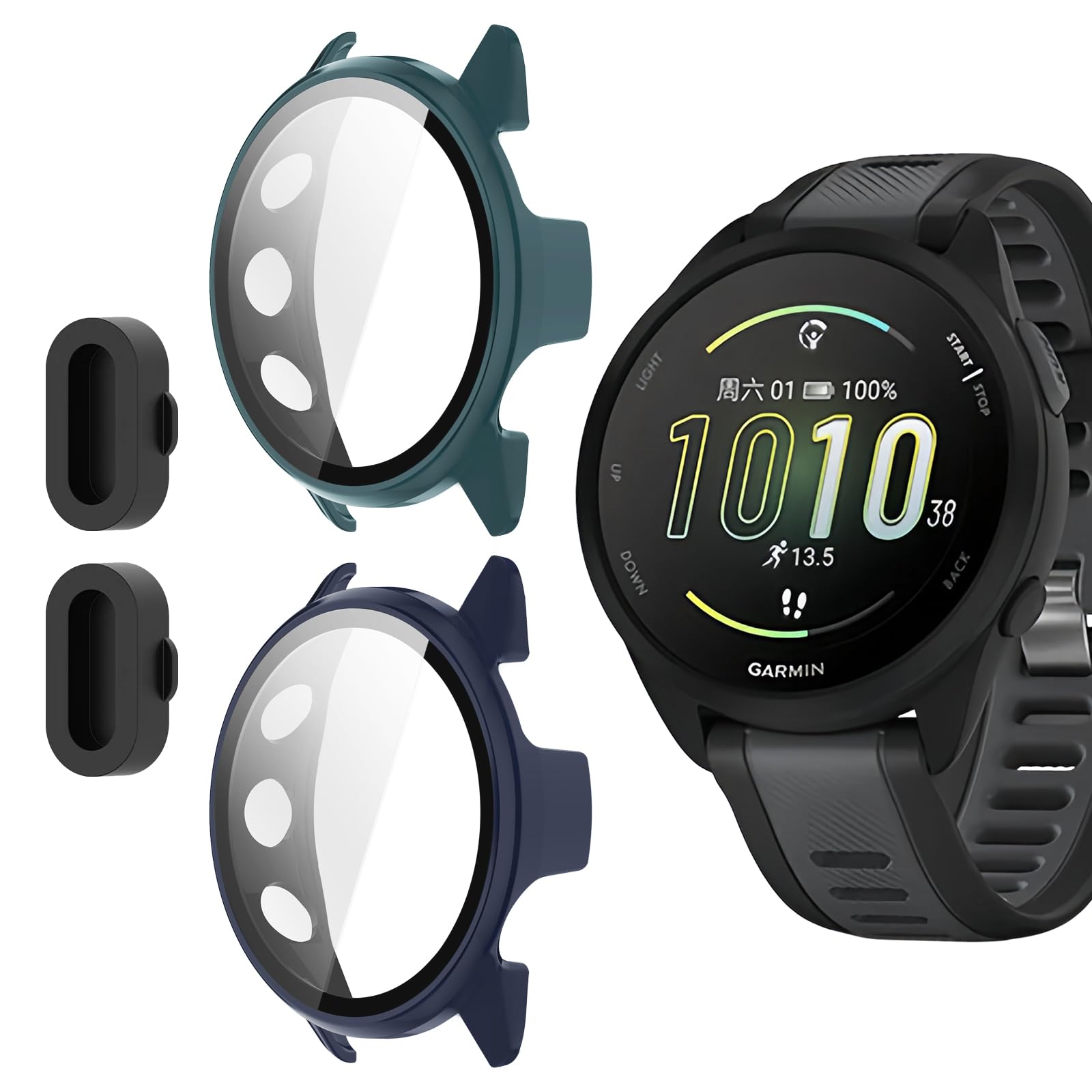 2 Pack for Garmin Forerunner 165&165 Music Smartwatch Screen Protector Case,Full Coverage HD Ultra-Thin Scratch Resistant Case,Charger Port+Hard PC Protective with Built-in Tempered Film(Blue + Green)