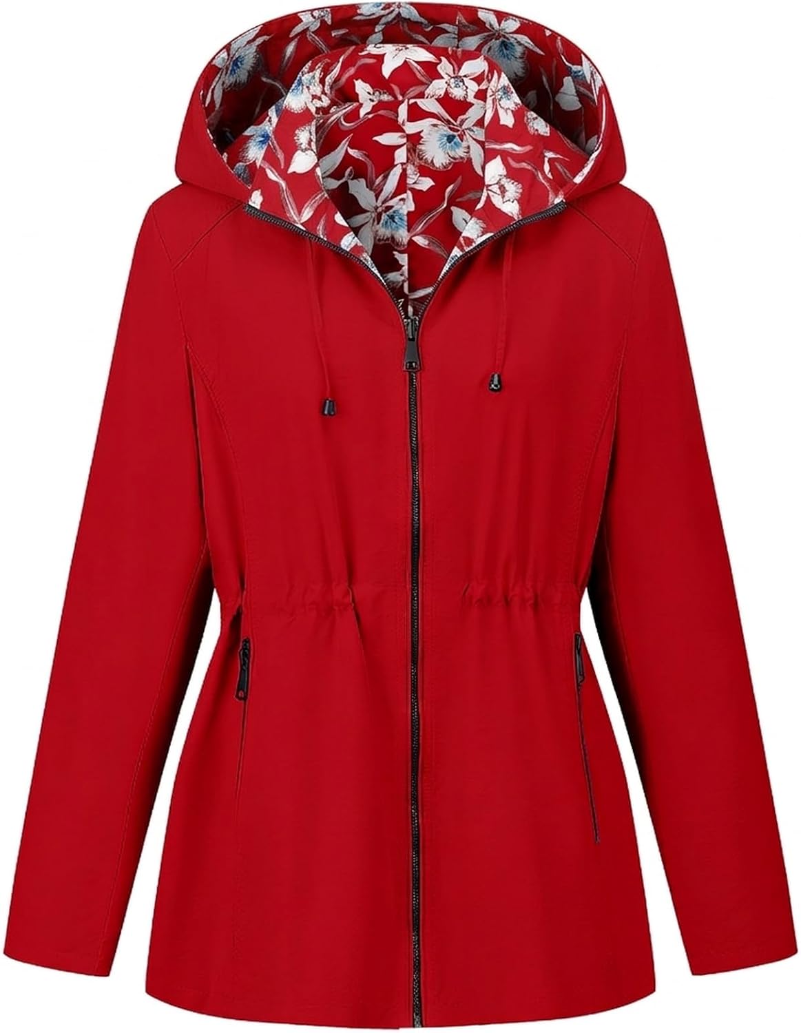 Geschallino Women's Casual Reversible Coat Plus Size Floral Print Windbreaker Lightweight Jacket with Hood