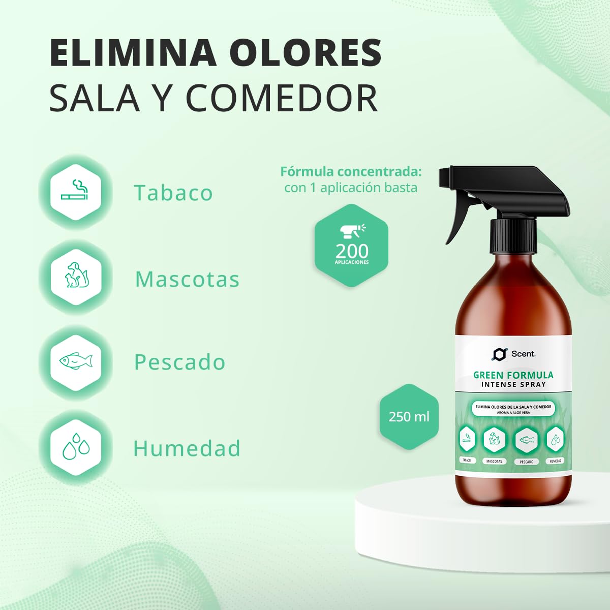 Neutralizador líquido de Olores Multiusos Spray - Fórmula Green - Ideal para eliminar el olor a humedad, mascotas, pescado, comida…, entre otros - Aroma Aloe vera - 250 ml - SCENTECHNOLOGIES