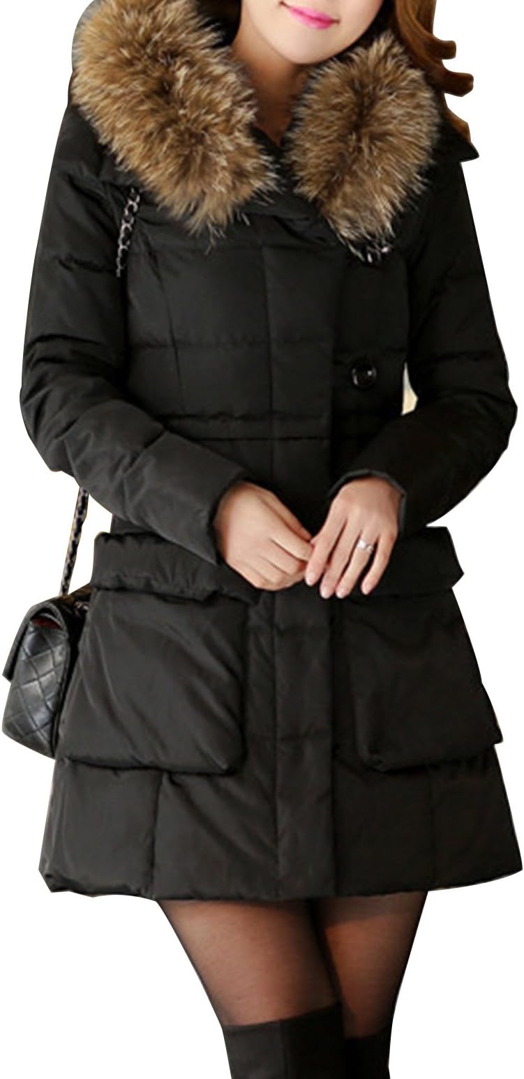 FORAR Women's Empire Line Fitted Down Jacket Parka With Racoon Fur Hooded Black XL