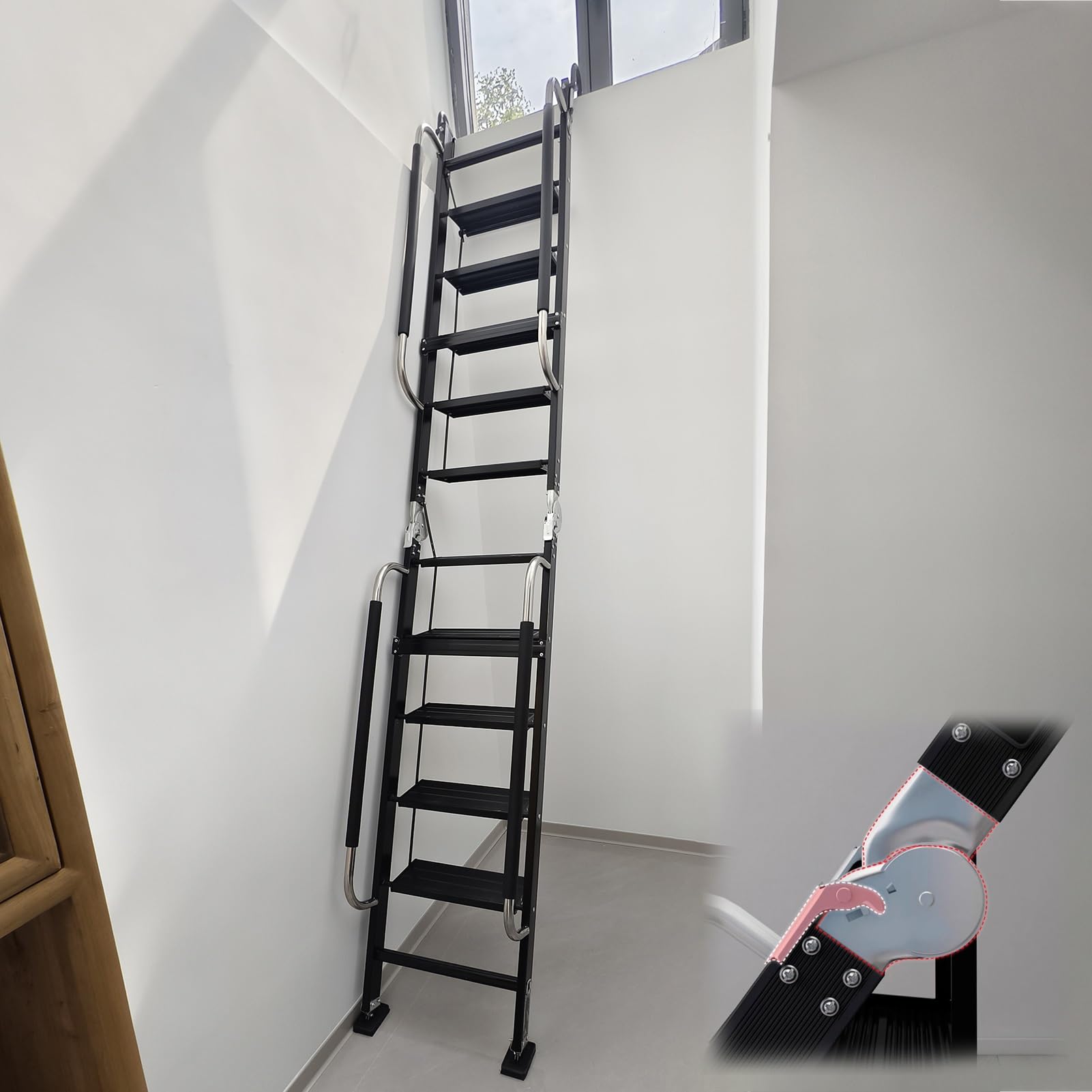 Escalier Escamotable Échelle de Lucarne Noir Mat Design Pliable, Échelles Pliantes pour Accès au Toit, Marches de Sortie de Secours pour Puits de Grenier(9 Steps L-2.75m/9.0ft)