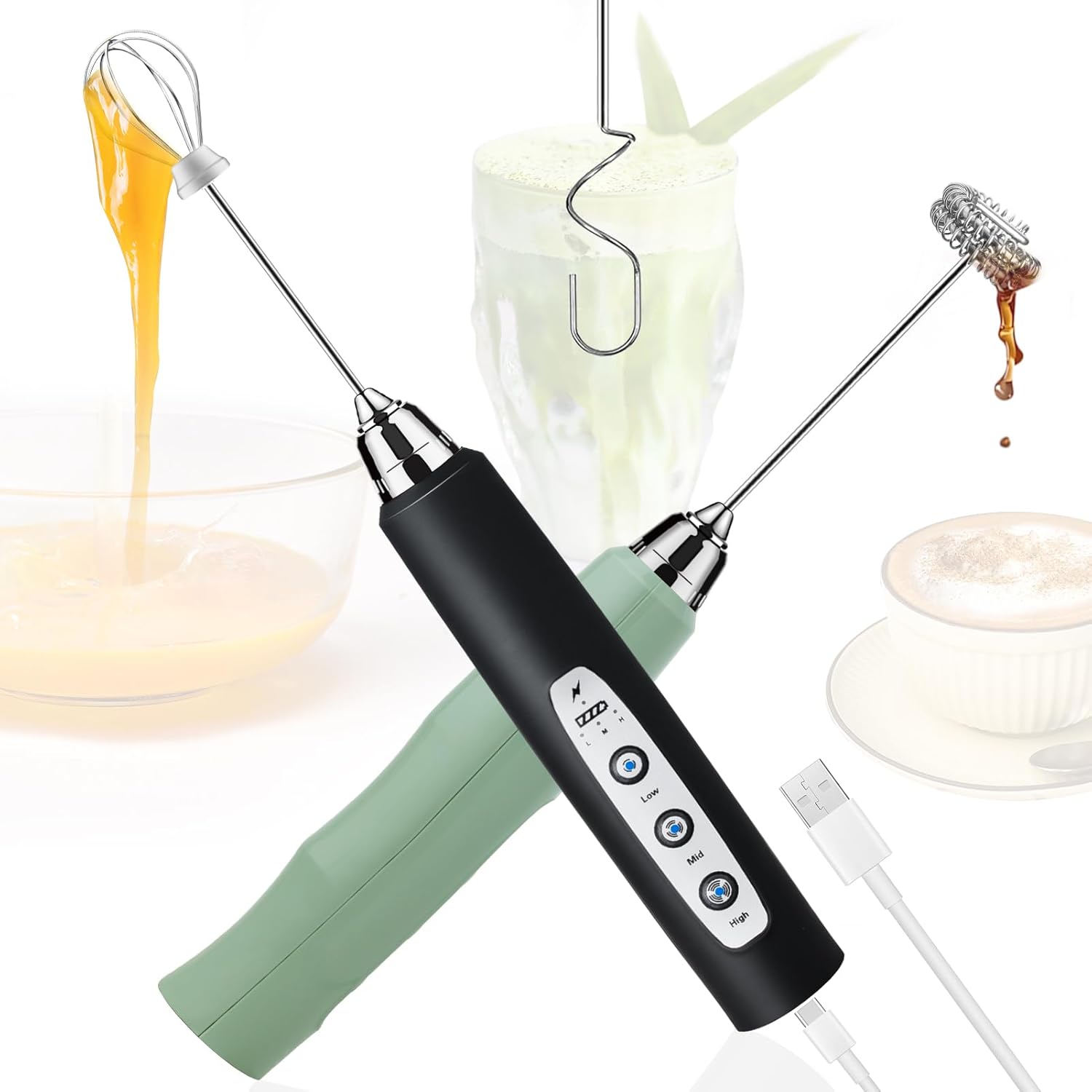 Milk Frother Rechargeable Handheld (Granite+Black)