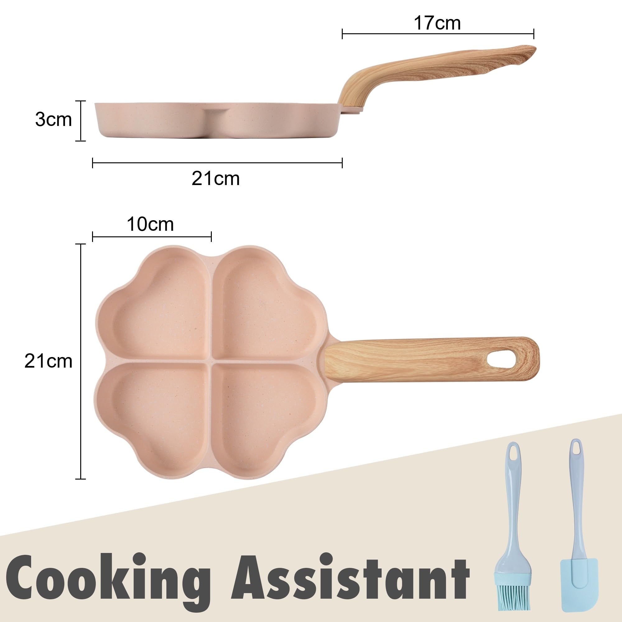 RIOVARM Poêle à Oeufs Antiadhésif en Forme de Cœur - 4 Trous, Granit, Induction, Sans PFOA - Casserole Créative pour Omelette, Crêpe et Petit Déjeuner - 3