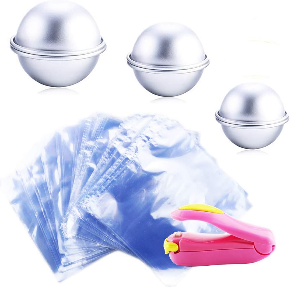 WFPLUS 207Pcs Bath Bomb Kit Including 200 Pieces 6 x 6 Inch Shrink Wrap Bags, 6 Pieces 3 Set 3 Size DIY Metal Bath Bomb Molds, Mini Heat Sealer for Bath Bombs, Handmade Soaps and DIY Crafts