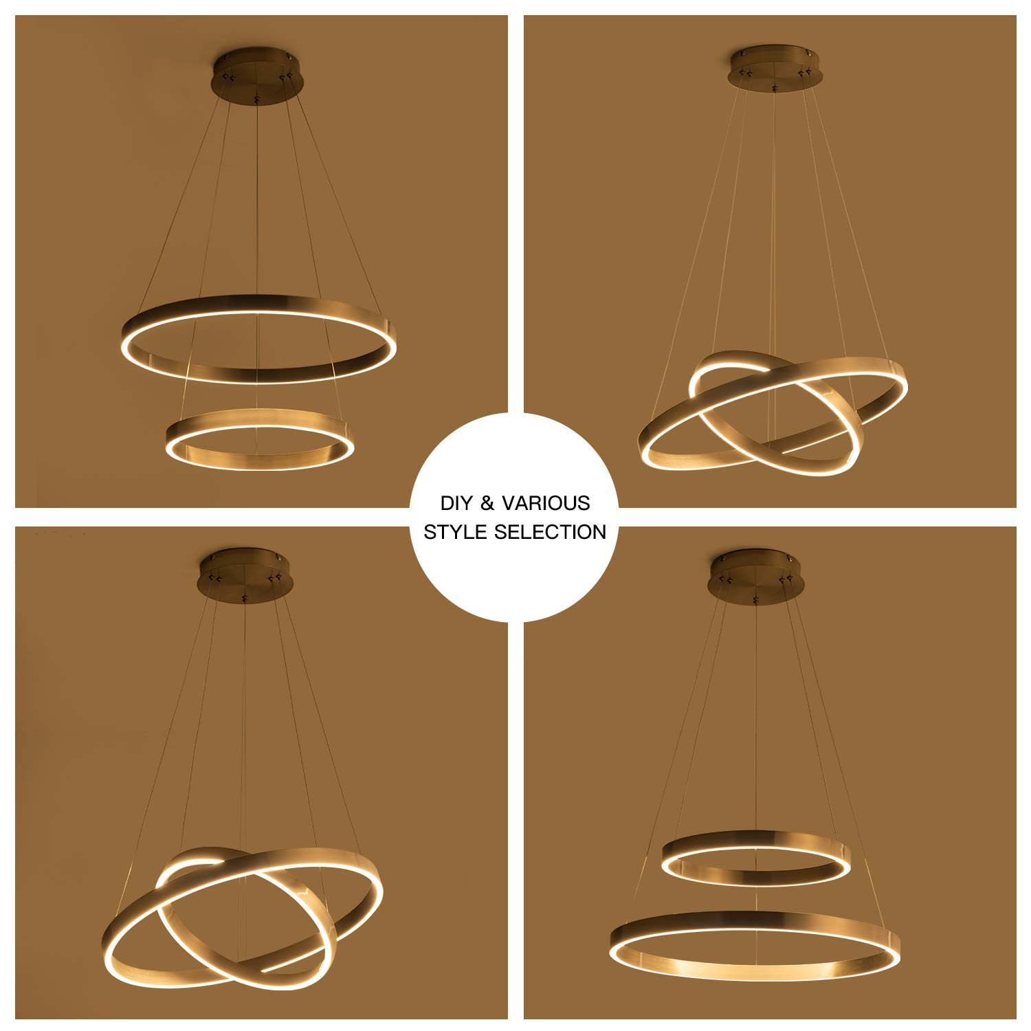 Anqidi Dimmable LED Chandelier 2-Ring Coffee Brown Acrylic Modern Pendant  Light 80W Flush Mounted Hanging Lamp