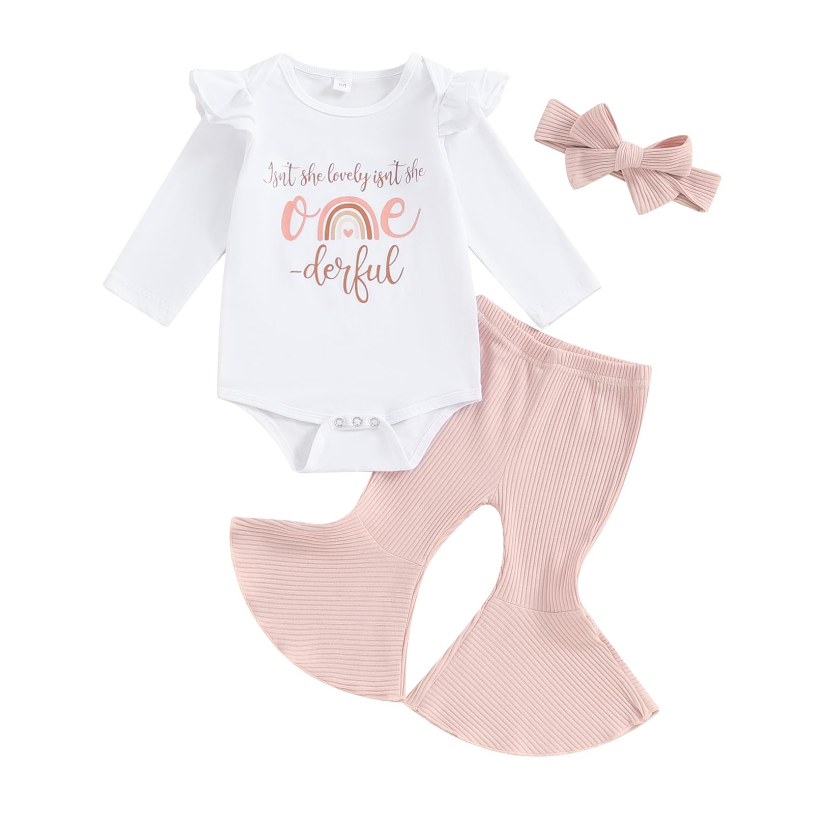 FilgrioxFirst Birthday Outfit Toddler Baby Girl Long Sleeve Romper Top + Bell Bottom Pants + Headband Cake Smash Outfit
