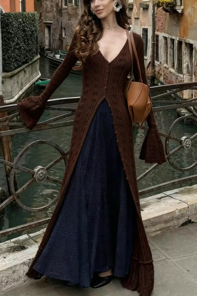 LETSVDO Womens Long Crochet Cardigan Bell Sleeve Ruffle Knit Hollow Out Lightweight Duster Sweater Beach Cover up Dress - Image 6