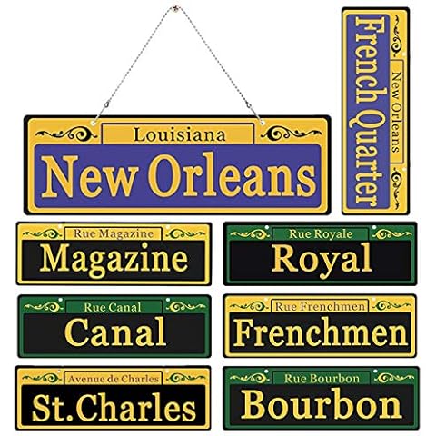 Mardi Gras Decorations 8 Set, Duplex Printed New Orleans Street Signs with 8x Metal Chains, PVC Made Mardi Gras Ornaments for Room Decoration, Carnival Party Table Ornaments Mardi Gras Tree Decoration Cover