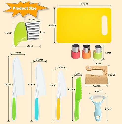 Miniatura 9 de Tellshun Juego de cuchillos de cocina para niños de 9 piezas, cuchillos para cocina real con tabla de cortar y pelador, cortador de sándwich, bordes
