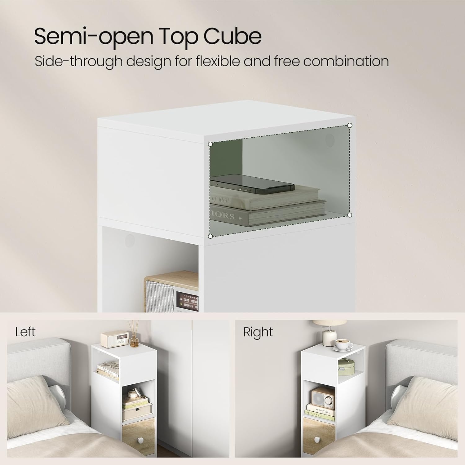 Two images showing the bedside table placed on the left and right sides of a bed, demonstrating the flexibility of its semi-open top cube design.