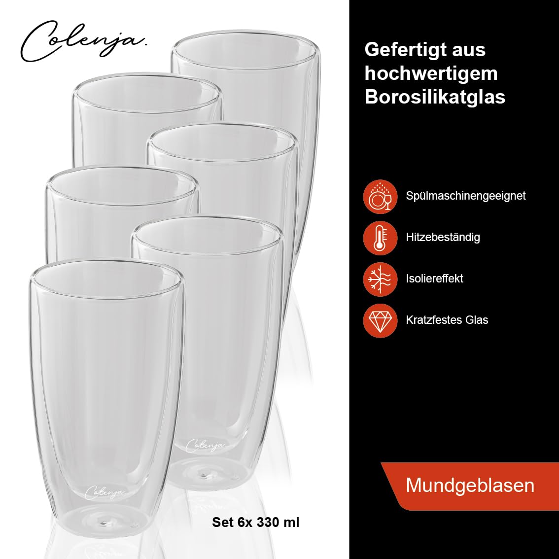 Doppelwandige Latte Macchiato Gläser - 6er Set 330ml - hochwertige Kaffeegläser – kratzfestes Glas - Borosilikatglas - Spülmaschinengeeignet - Matcha