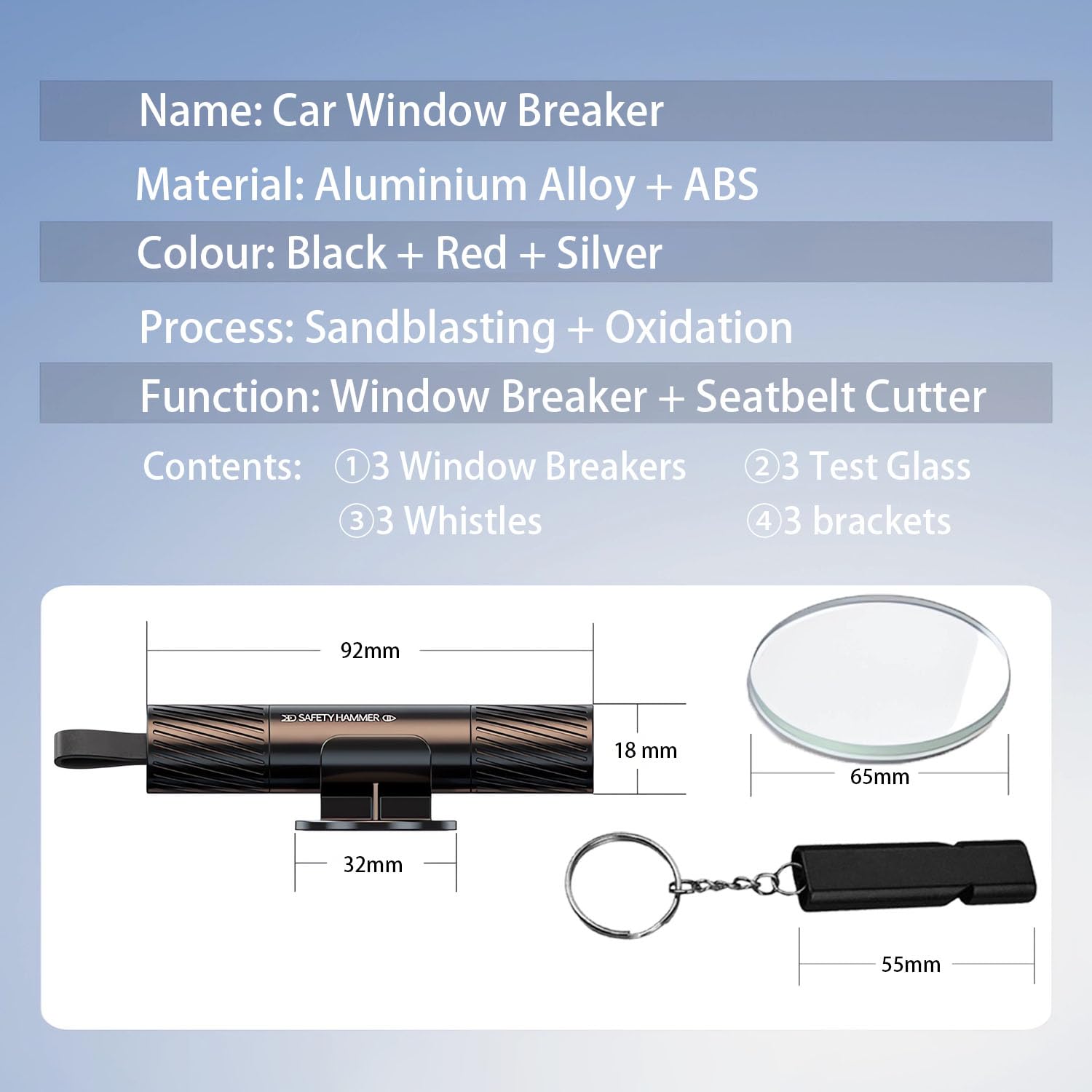 3 Pcs 2 in 1 Car Window Breaker Seatbelt Cutter(With Whistle/Fixed Bracket/Test Glass) Car Glass Breaker and Seatbelt Cutter，2 in 1 Emergency Car Window Breaker For Car Safety
