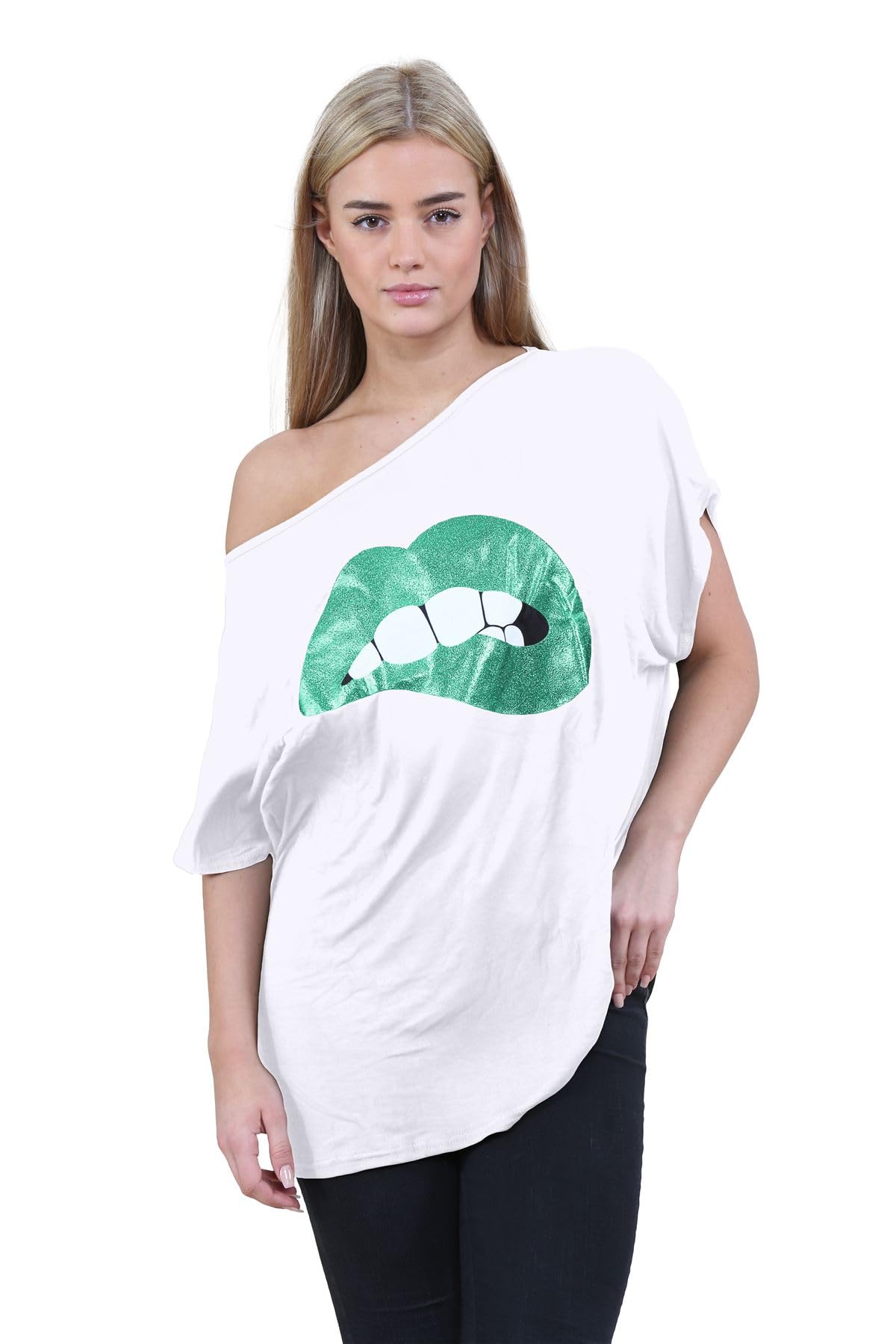 janisramone® Off The Shoulder Tops for Women, Batwing Sleeve Bardot Baggy Lagenlook Ladies Tops Slogan Printed Oversized T Shirt for Women - Summer Tops for Women UK