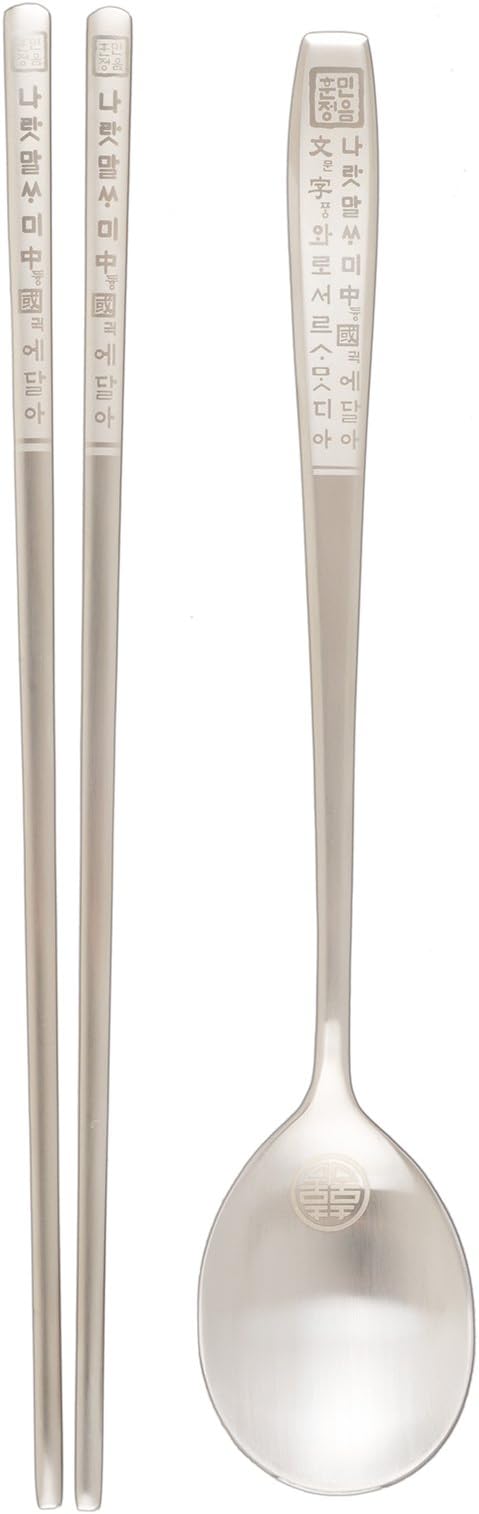 YIROCK GenericJINCHENG Korean Chopsticks Spoon Set-100% Metal Stainless Steel-Printed Hangul Characters (Silver-Hangul)