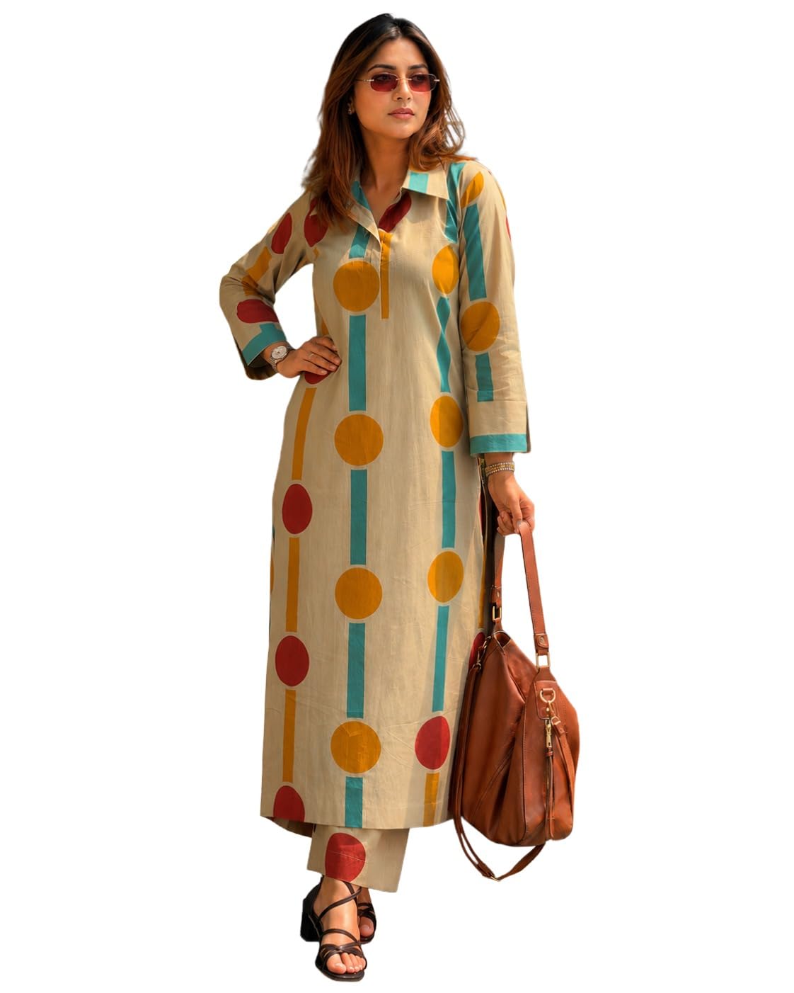 Roadster Women Kurta Set | Viscose Printed Straight Kurta with Pant Co-ord Set | Long Sleeve Shirt Collar Kurti Set for Women | Daily Office Party Wedding Ethnic Suit in multi