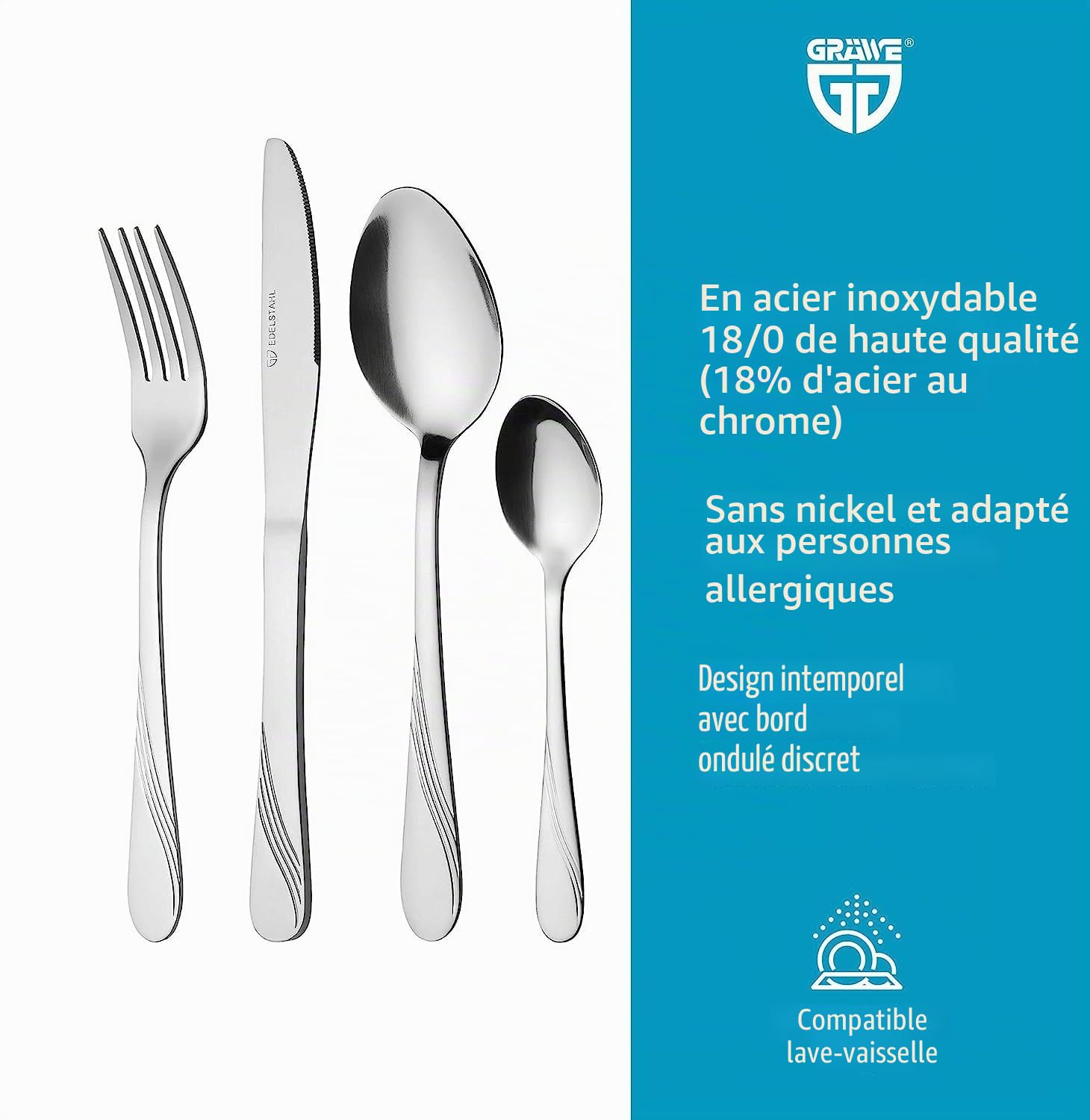 'Gräwe Set de couverts pour 6 personnes, 48 Pièces – Ménagère avec présente de et couverts de service en acier inoxydable, inoxydable, sans nickel – Serie Stralsund "