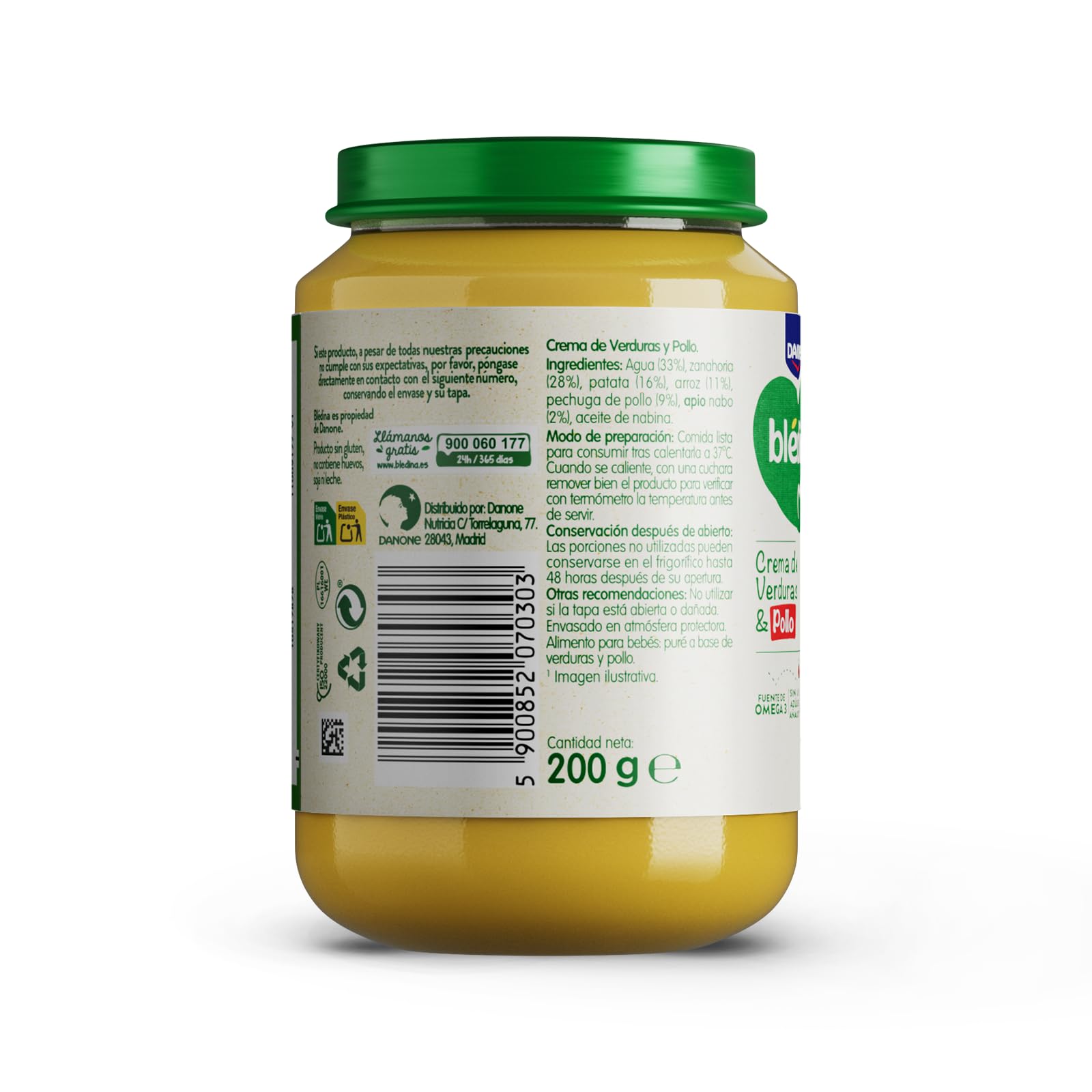 Blédina Tarrito de Crema de Verdura y Pollo para Bebé. Tarrito Bledina Fuente de Omega 3, Sin Sal Ni Azúcares Añadidos y Sin Gluten. Desde los 6 Meses, 200g