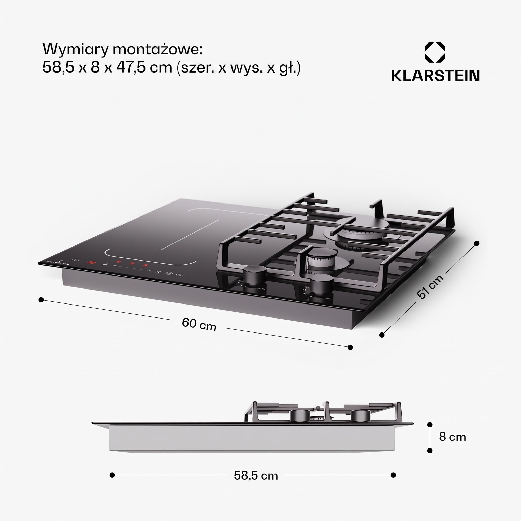 Klarstein MultiChef 4 Płyta indukcyjna z płytą gazową - 4-strefowa Flexzone, 2 palniki gazowe i 2 indukcyjne, 7 kW, suwak, Stop&Go, Timer, żeliwo, Czarny