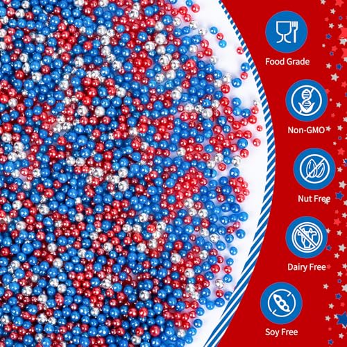 Image of Patriotic Nonpareils Sprinkles,2mm Red Blue and White Pearls for Cake Decorations,July 4th Edible Sprinkle Mix for Baking,130g,Edible Sugar Pearls for Cake Decorating,Cookies,Ice Cream,Fondant Cake,Cupcakes,Desserts,May Day,Memorial Day,Flag Day,Juneteenth,Independence Day,4th of July Party Supplies