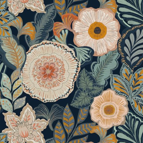 Toduso Boho Wallpaper Peel and Stick Vintage Blue Floral Contact Paper Retro Removable Dark Botanical Flowers Wallpaper for Bedroom Livingroom Bathroom Cabinet Decor 17.3" x 78.7"