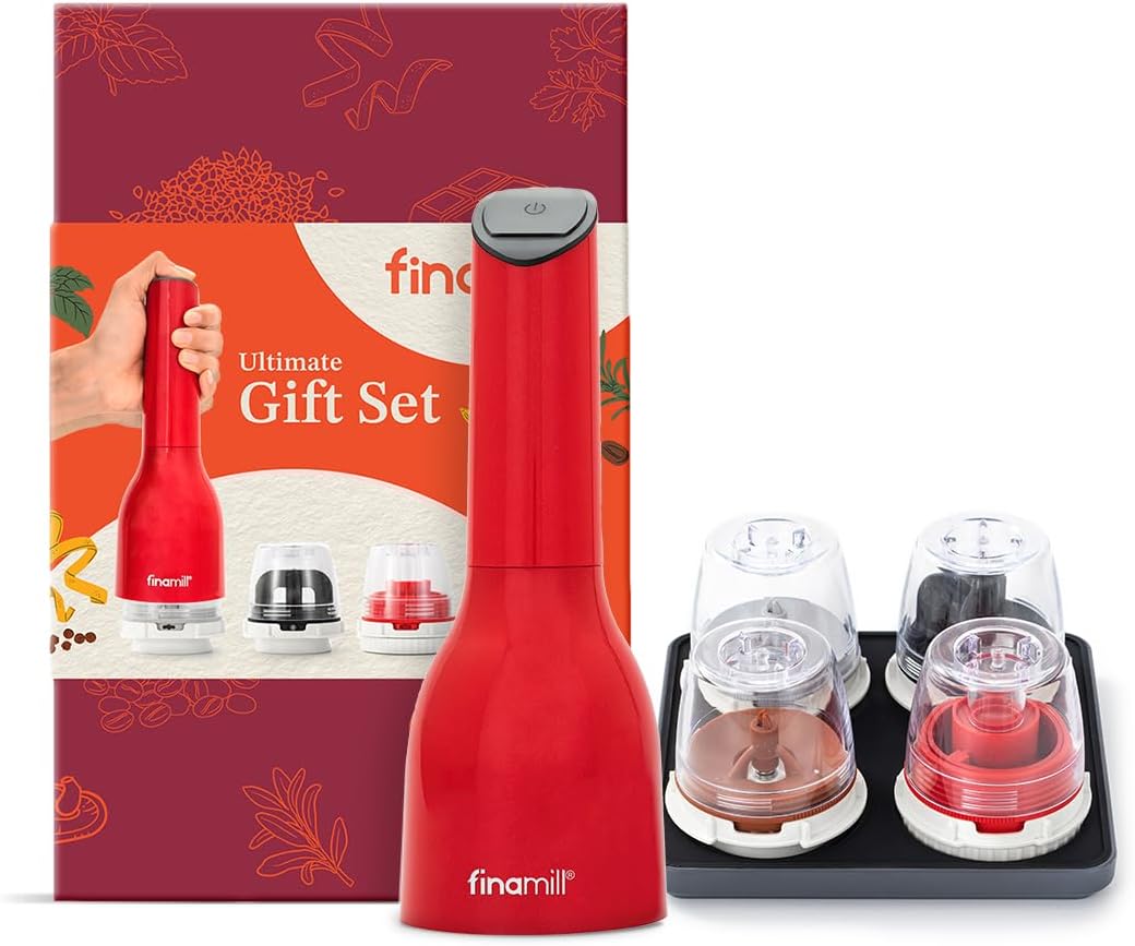 FinaMill Ultimate Gift Set – Battery Operated Spice Mill with 4 Interchangeable Spice Pods & Slate Quartet Stackable Tray, Adjustable Coarseness, Ceramic Grinder, LED Light, Home and Kitchen Gift Set