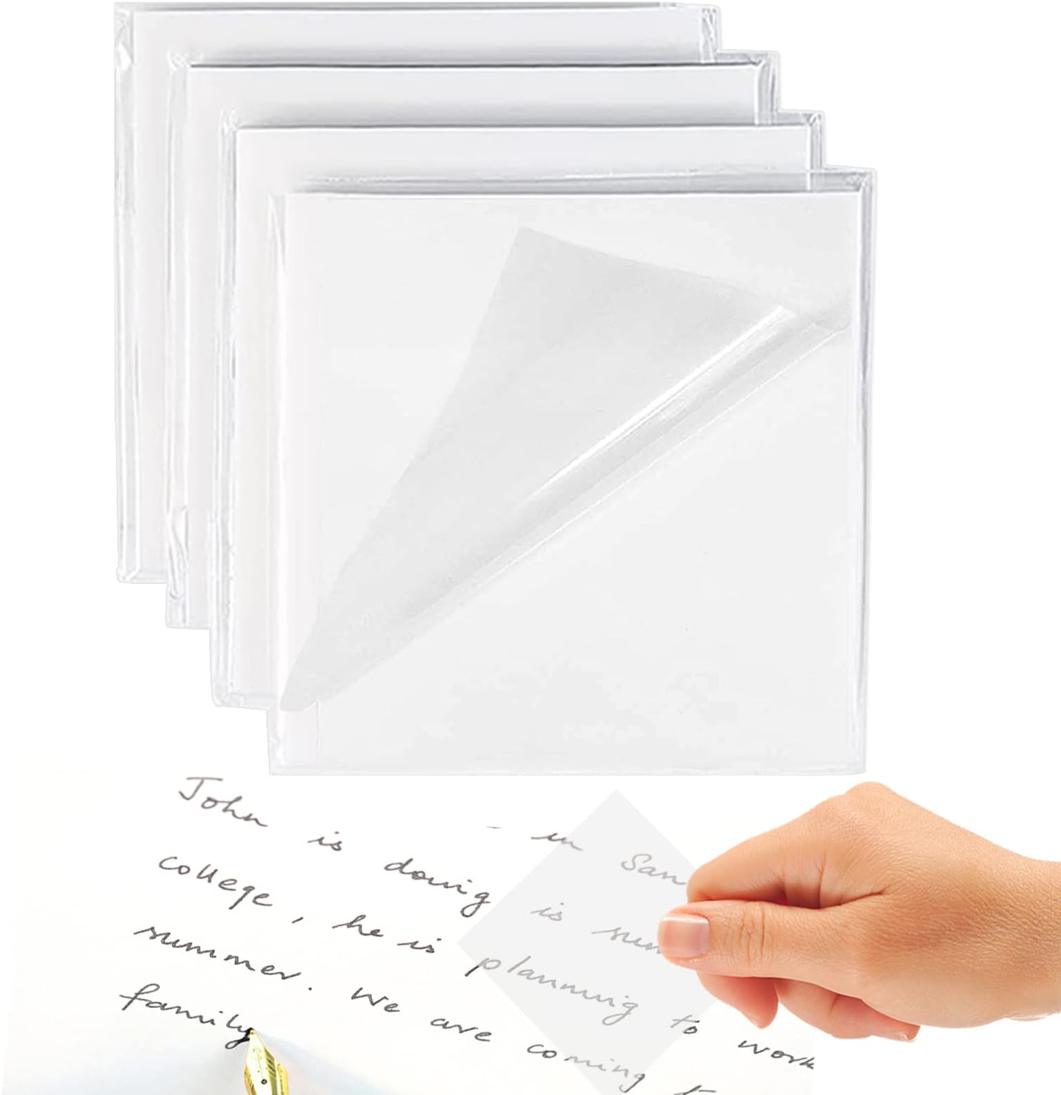 200 Sheets Transparent Sticky Notes, 3x3 inch Clear See Through Sticky Notes, for Reading Writing Notes Book Markers, Study Office School Supplies, 50 Sheets/Pad (4 Pads)
