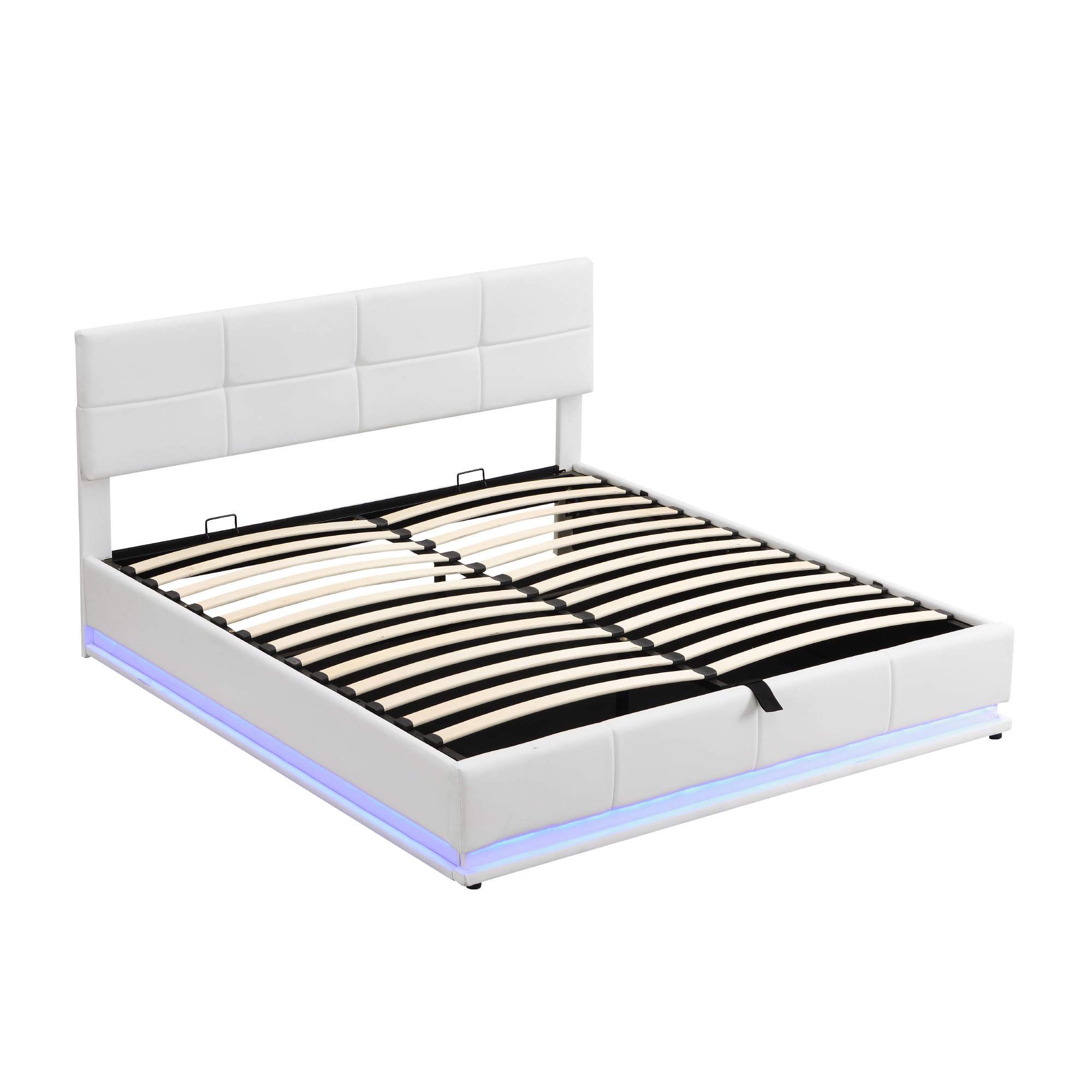 Merax Cama acolchada hidráulica de 180 x 200 cm, con espacio de almacenamiento, cama con iluminación LED, para jóvenes, adultos, piel sintética, color blanco (sin colchón)