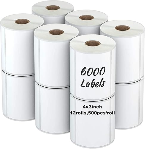 12 rollos de etiquetas térmicas directas de 4 x 3 pulgadas (3.976 in x 2.992 in), códigos de barras multiusos, calcomanías de Logística de Tienda,
