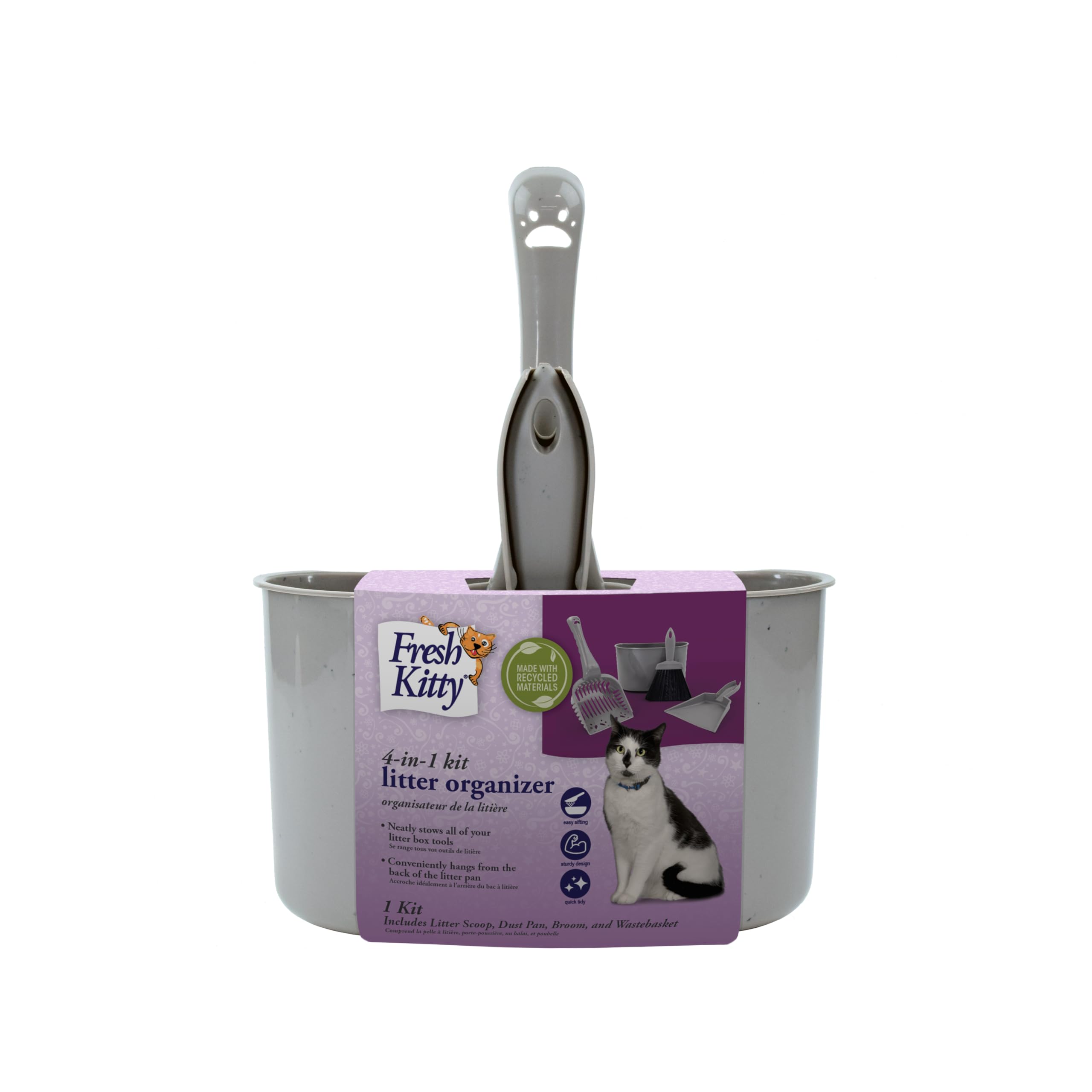 Fresh Kitty 4-in-1 Litter Box Organizer Cleanup Kit – Cat Litter Box Cleaning Supplies – Sweeper & Dustpan, Scooper, Storage Caddy, Black