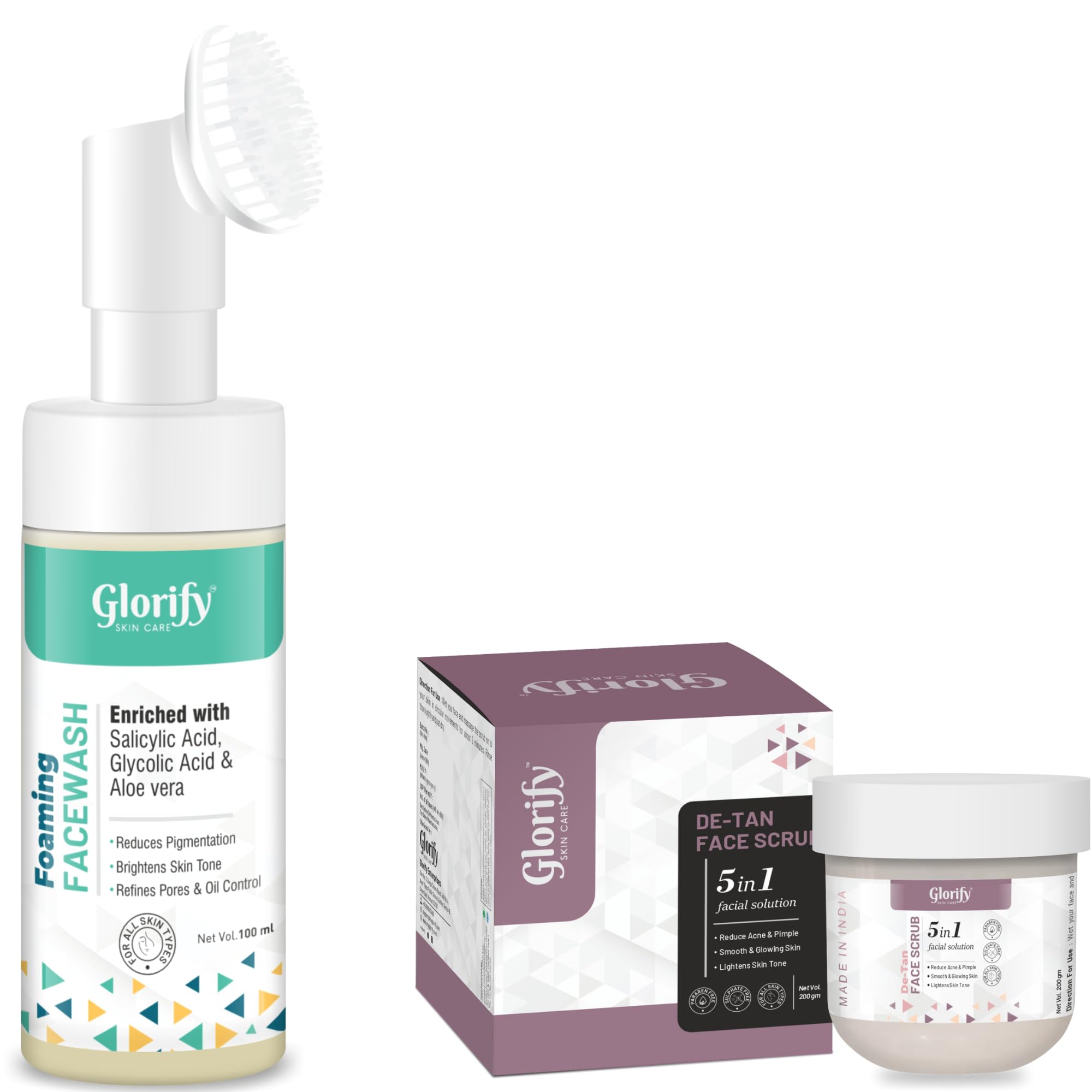 Glorify Salicylic Acid Face Wash | Glycolic Acid Face Wash | Brighten Skin Tone, Refine Pores & Control Oil - 100 ml + De-Tan Face Scrub, 5-in-1 Facial Solution - Reduce Acne & Pimples, 200gm