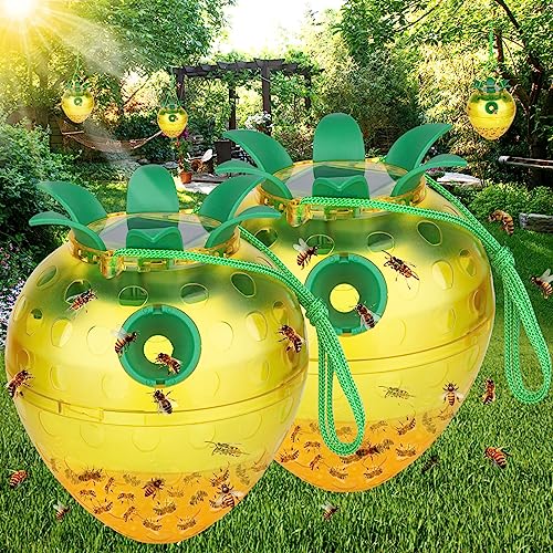 Wasp Traps Outdoor Hanging, Yellow Jacket Wasp Catcher for Trapping Hornet, Non-Toxic Reusable Wasp Catcher for Outdoors Trapping Wasp, Solar Wasp Repellent Outdoor with LED Light Yellow (2 Pack)