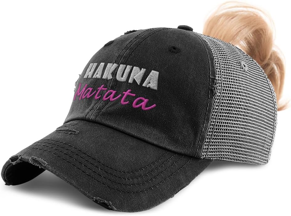 Womens Ponytail Cap Hakuna Matata Style B Cotton Distressed Trucker Hats