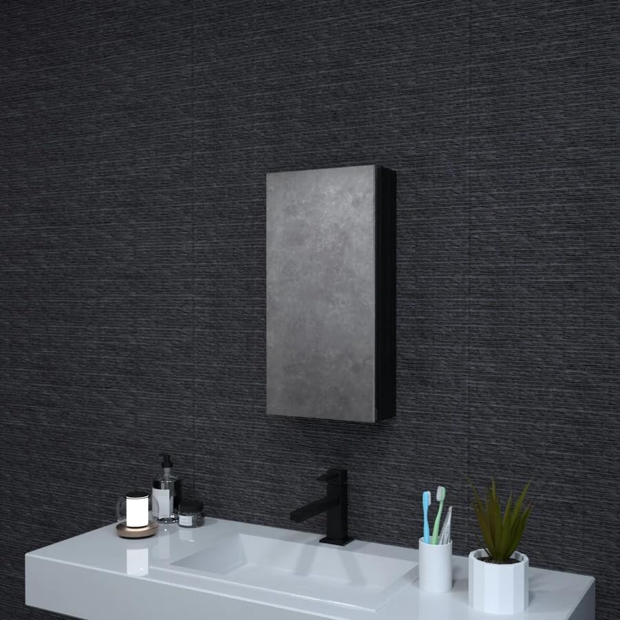 WELLFOR 12 x 24 Inches Bathroom Mirror Medicine Cabinet, Silver Aluminum Frame, Surface or Recessed Mount, Built-in 2-Tier Glass Shelf, Bathroom Mirror with Storage, Left/Right-Hand Opening, Black