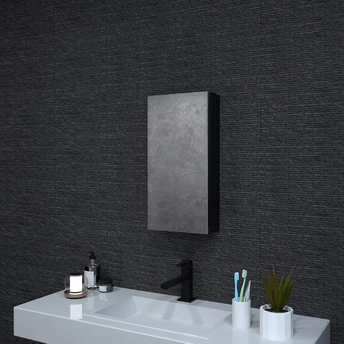 WELLFOR 12 x 24 Inches Bathroom Mirror Medicine Cabinet, Silver Aluminum Frame, Surface or Recessed Mount, Built-in 2-Tier Glass Shelf, Bathroom Mirror with Storage, Left/Right-Hand Opening, Black