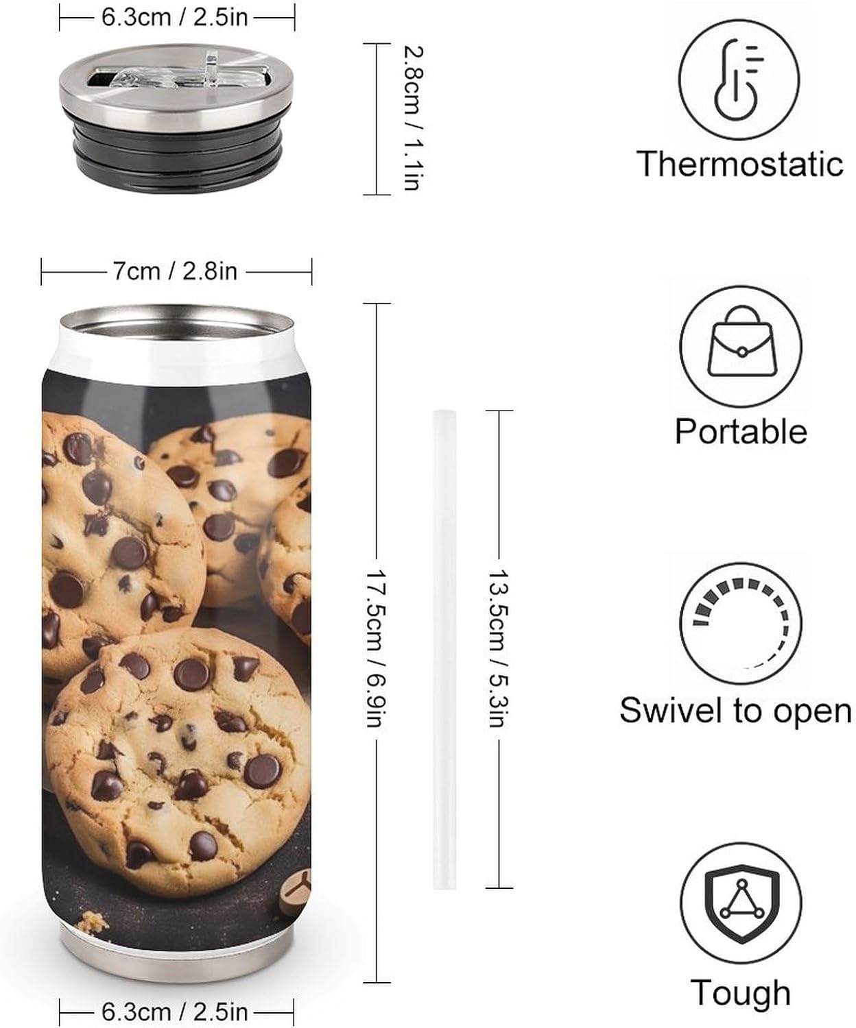 Stainless Steel Cups Chocolate Chip Biscuit Printed Coke Cup Stainless Steel Insulated Cups with Lid And Straw