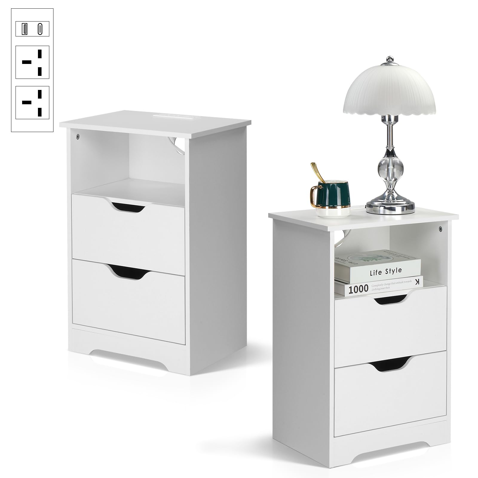 Karl home Bedside Table, Set of 2 Side End Table Nightstand with Power Strip, 2 Drawers, Open Storage Shelf, 2 AC Outlets, USB & Type-C Port, Night Stand for Living Room, Bedroom, White