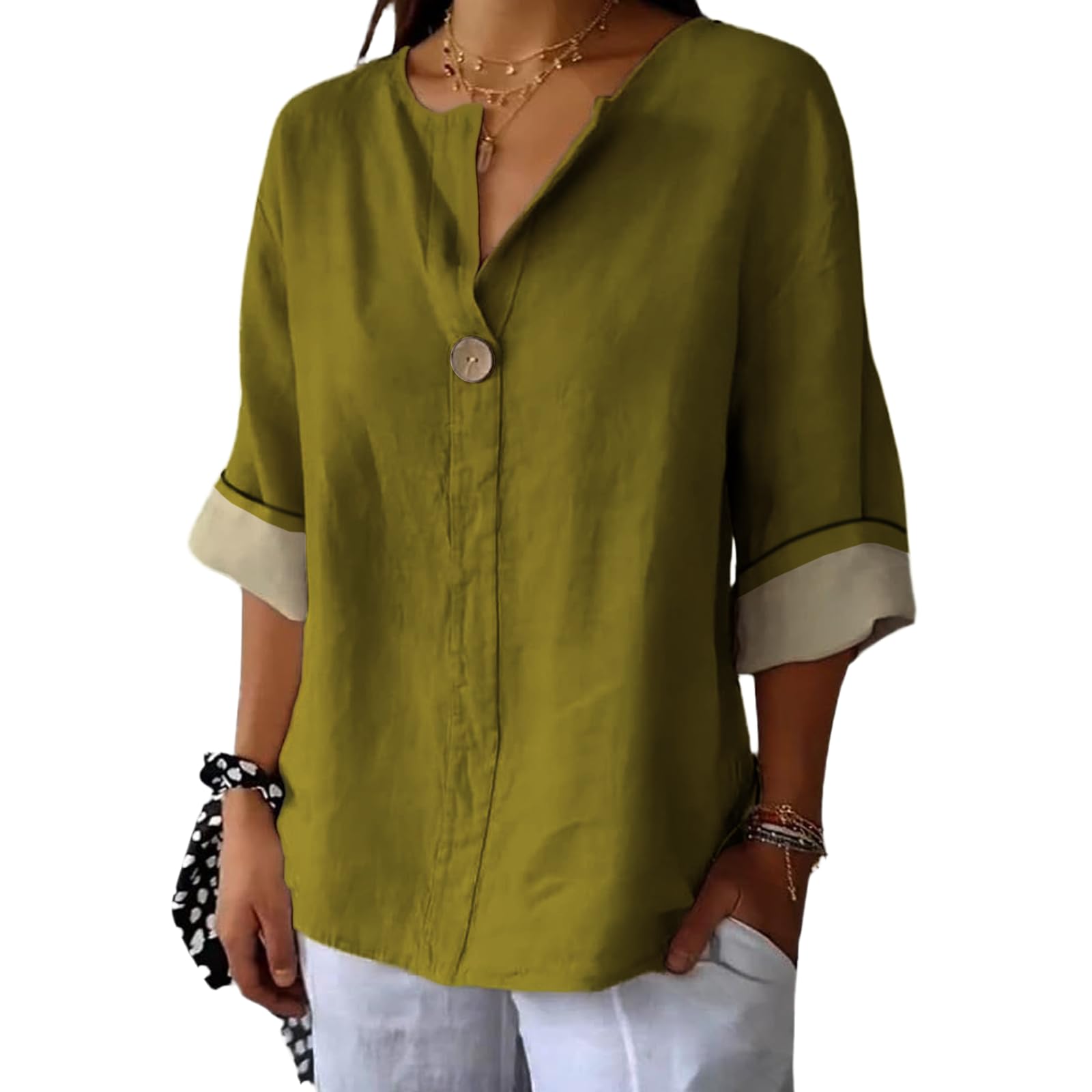 Shirts for Women Trendy Solid Color Button Down 3/4 Long Sleeve Blouse Lightweight Loose Casual Summer Tops