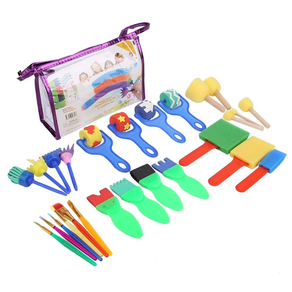 Juego de cepillos de pintura para niños, 26 piezas de mini cepillos de pintura de esponja lavables, cepillos de rodillo con patrón de flores con bolsa de almacenamiento transparente, juego de dibujo d