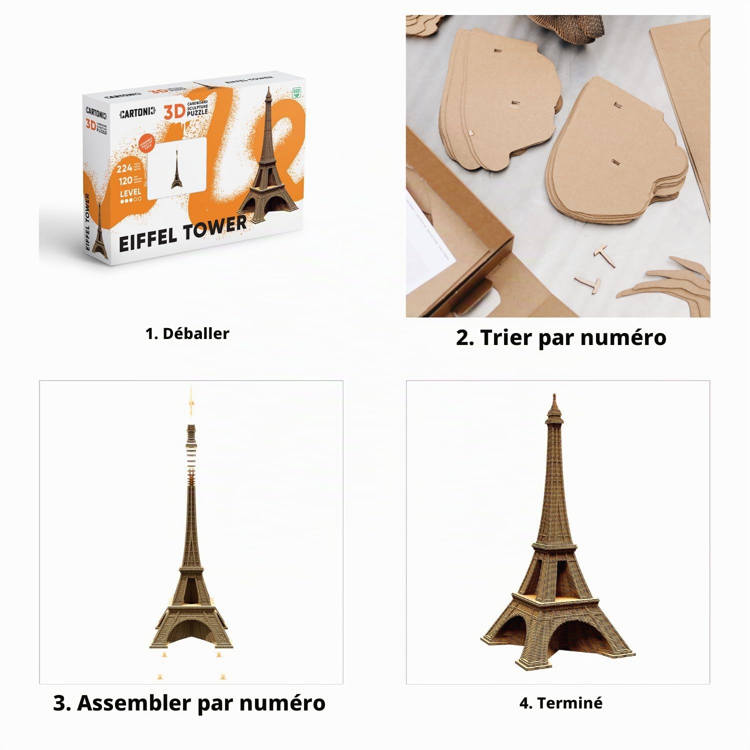 Tour Eiffel Puzzle 3D en Carton – Maquette à Monter | 224 Pièces, 36 × 16 × 16 cm – Kit Sculpture DIY à Peindre, Matériaux Recyclés, Ados & Adultes, Idée Cadeau Déco