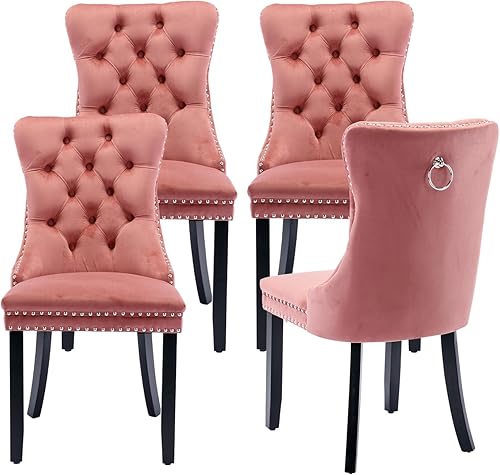 Miniatura 41 de Juego de 4 sillas de cocina modernas de terciopelo gris con anillo trasero, con patas de clavo, patas de madera maciza, tapizadas, sillas de mesa