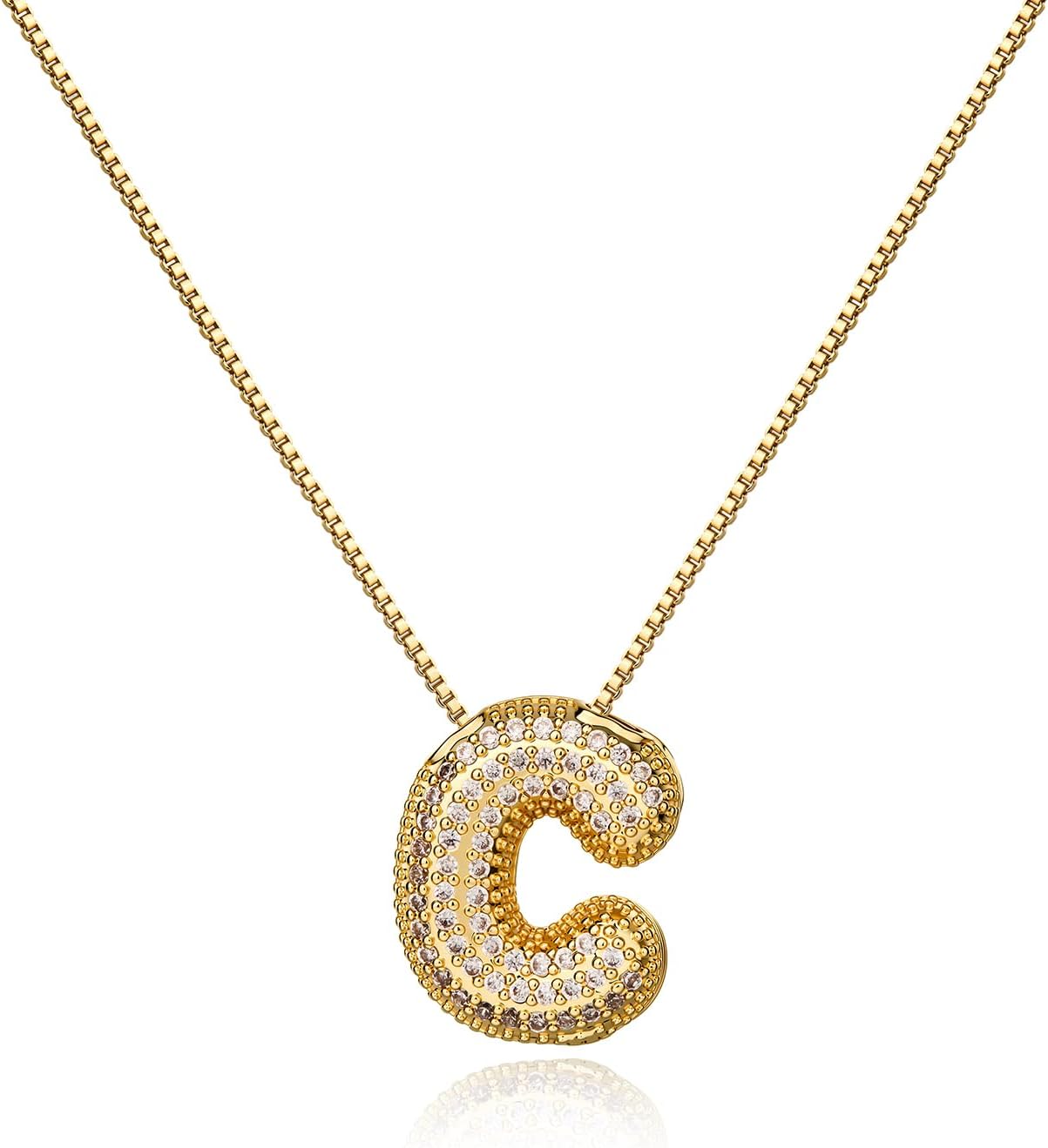 Cicy Bell Initial Necklace for Women 18K Gold Plated Bubble Letter Necklace