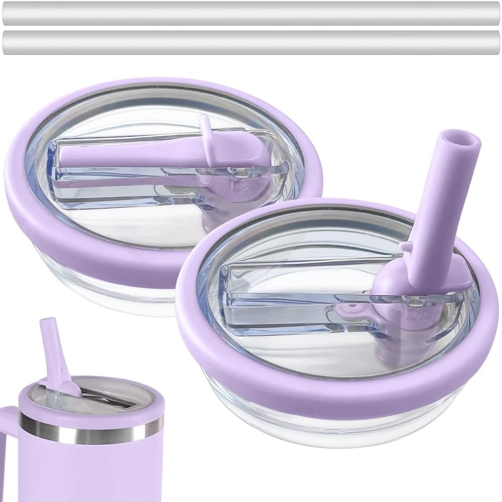 2 pack flip straw leak proof lid for stanley 40 oz tumbler quencher - reusable spill proof lid top cover stanley 40oz cup accessories - replacement of leaking original stanley lids - purple purple+purple