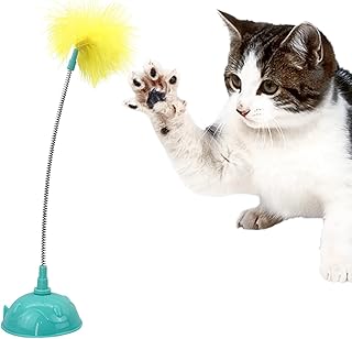 FuninCrea Cat Wand Toy with Suction Cup, Cat Feather Toy Funny Interactive Indoor Cat Toy with High Elastic Spring Feather Funny Cat Stick Toys Cat Chaser Toy for Training (Blue)