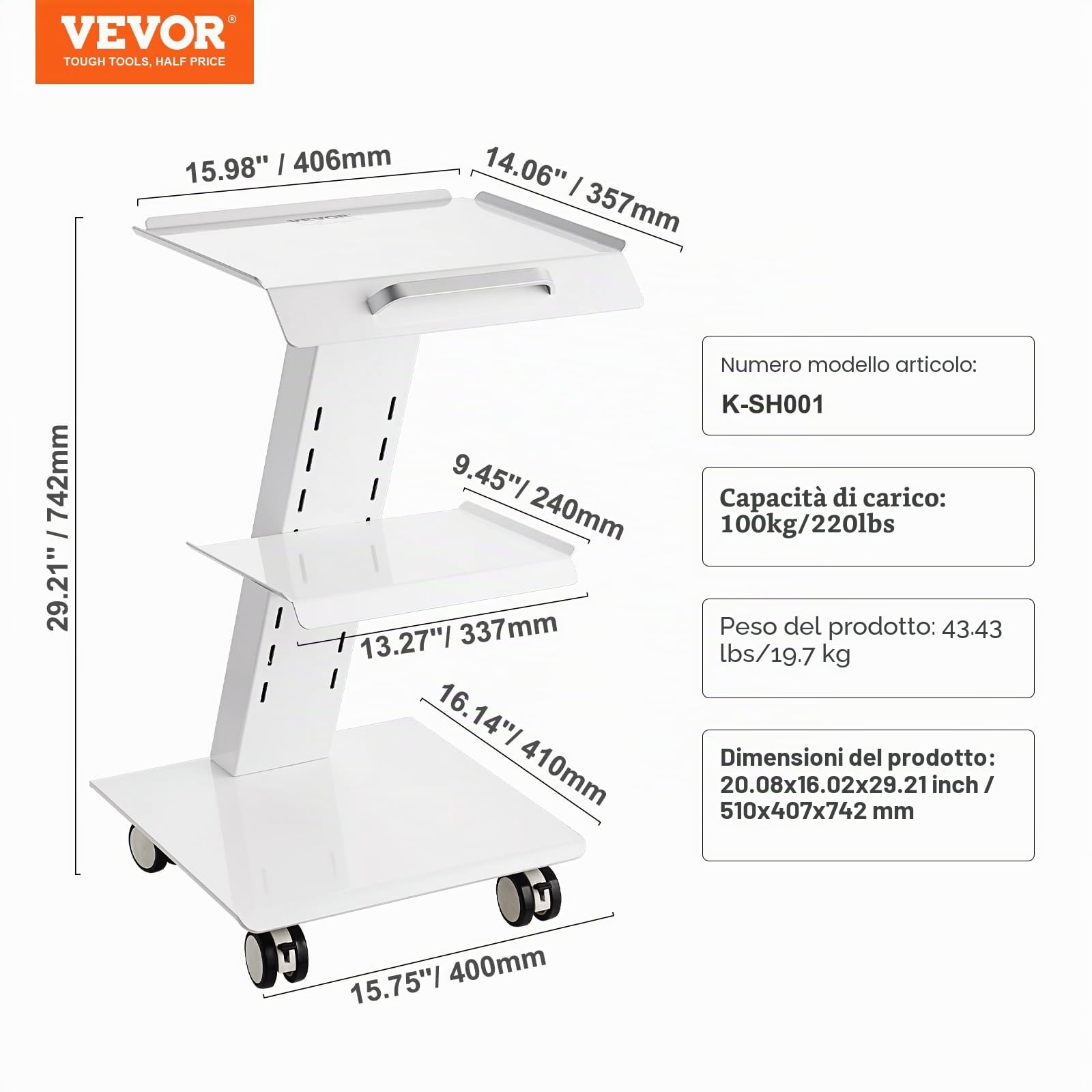 VEVOR Carrello da laboratorio 3 strati con presa integrata ruote girevoli portata 100 kg