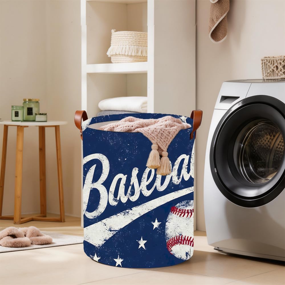 Laundry Basket Baseball Star Pattern Sports Design 15.75 x 15.75 x 19.7 Inch Cloth Laundry Baskets Decorative Storage Hamper for Bedroom Kids Room Sports Home Decor