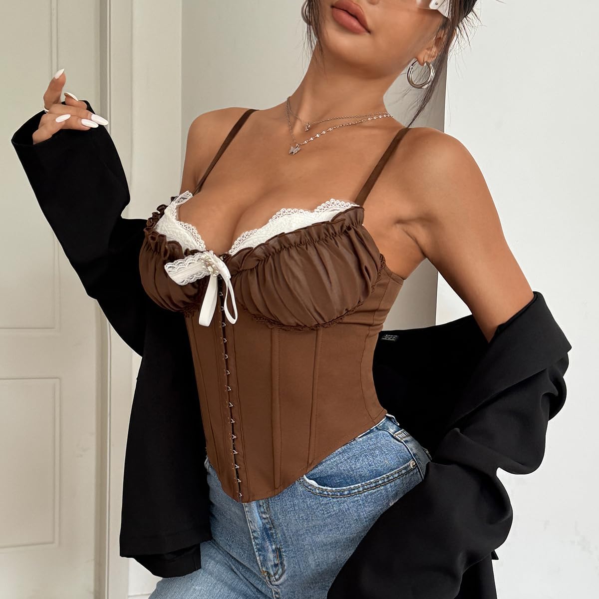 Women Ruffled Lace Trim Bow Sexy V Neck Corset Tops Adjustable Straps Bustier Bodyshaper Crop Top - Image 3